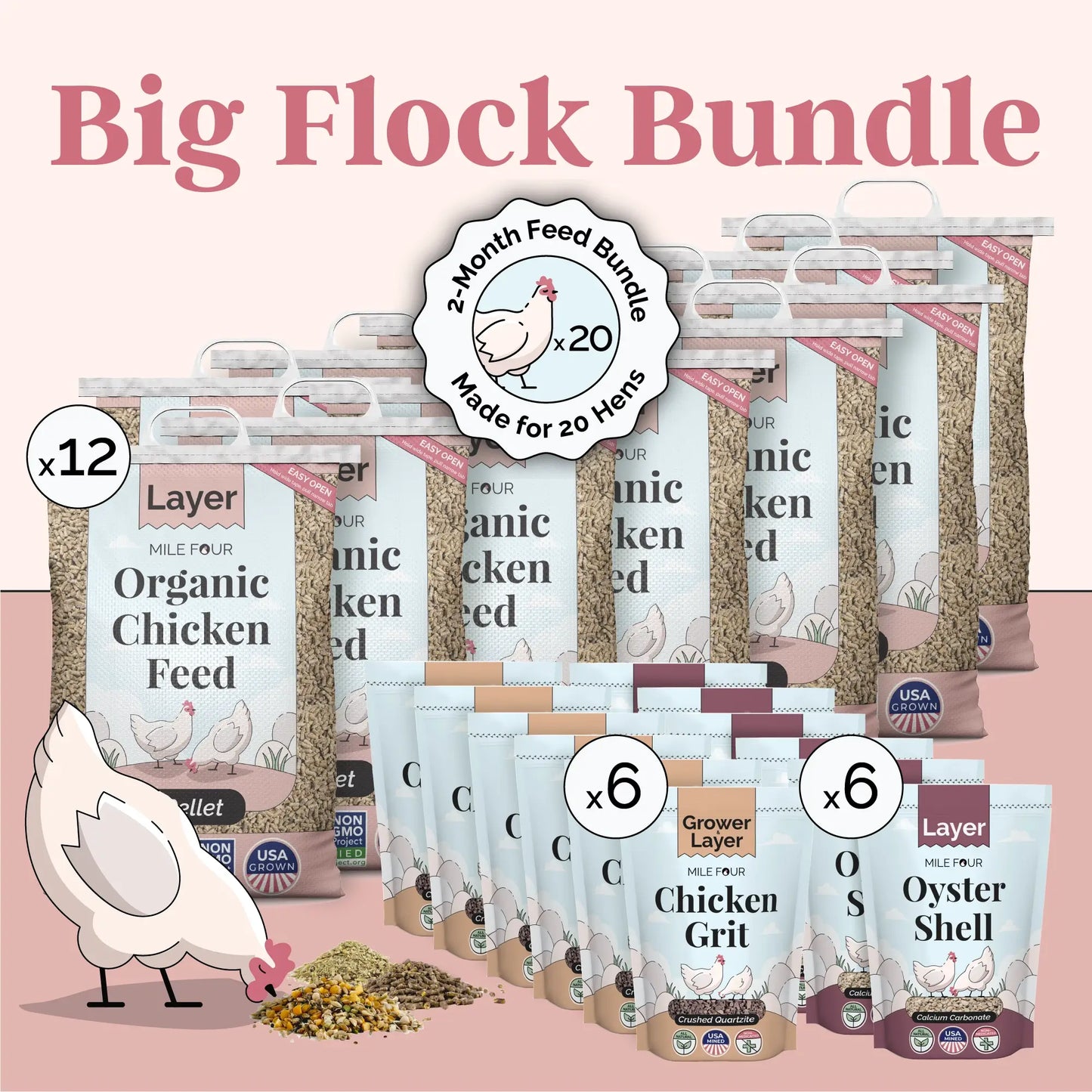 Big Flock Bundle | 2 Months of Organic Feed, Grit & Oyster Shell for 20 Layer Hens